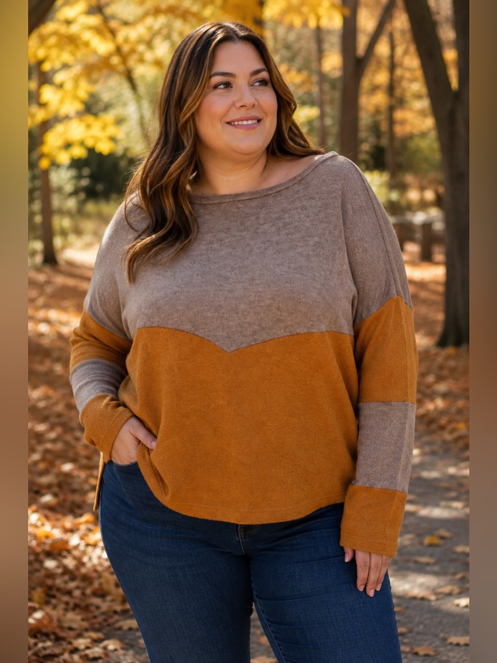 Lovely Melody Two-Tone Scoop Neck Sweater in Brown and Mustard